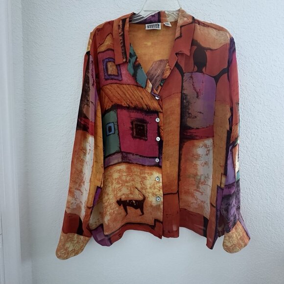 Vintage Chicos Design Sheer Blouse Womens 3 (L/16) Orange 100% Silk Art to Wear - Picture 1 of 11